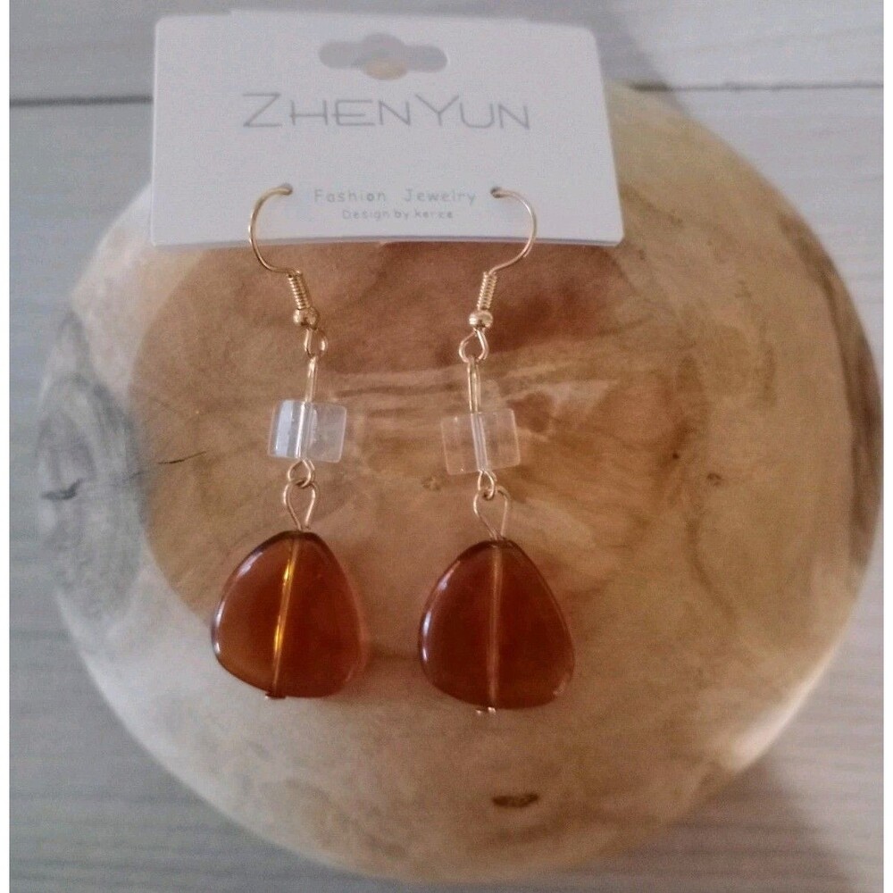 Women's Amber & Clear Beaded Dangle Earrings  2 1/4" Drop Boho Fashion Jewelry